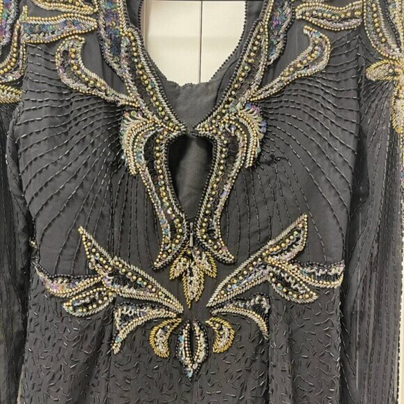 Vintage Tan-Chho Beaded Sequin Pure Silk Top Black Gold – M - Picture 8 of 15